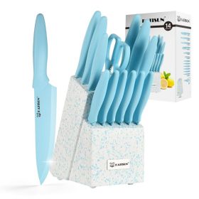 Kitchen Knife Set With Block, 14 Piece BLUE Non-Stick Paint Coating Stainless Steel Knives Set, Anti-Rust And Dishwasher Safe, 12 Knives With Kit (Option: Blue)